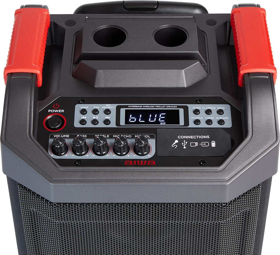 Altoparlant portativ Bluetooth Aiwa KBTUS-608 80 W RMS me drita RGB, me karrocë me rrota, i zi, me 2 mikrofonë wireless