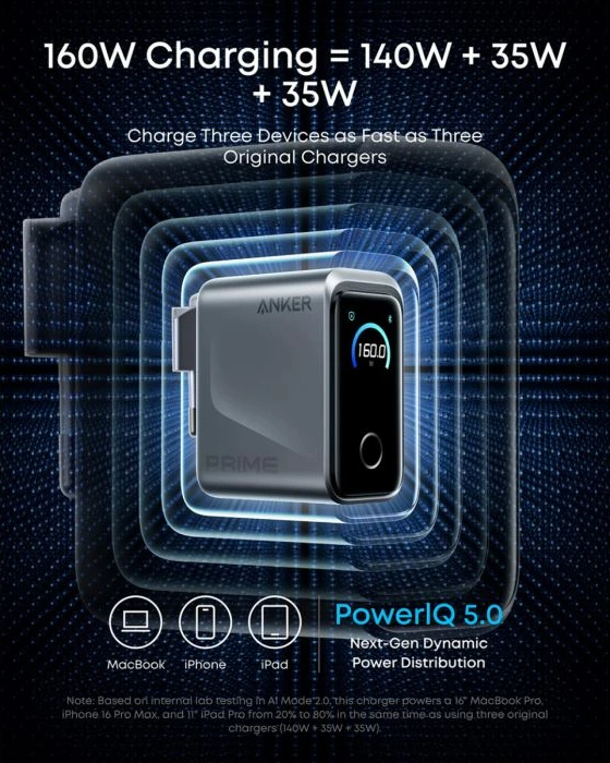 Karikues USB-C Anker Prime A2687341 160W GaN 3-port me ekran smart, i zi
