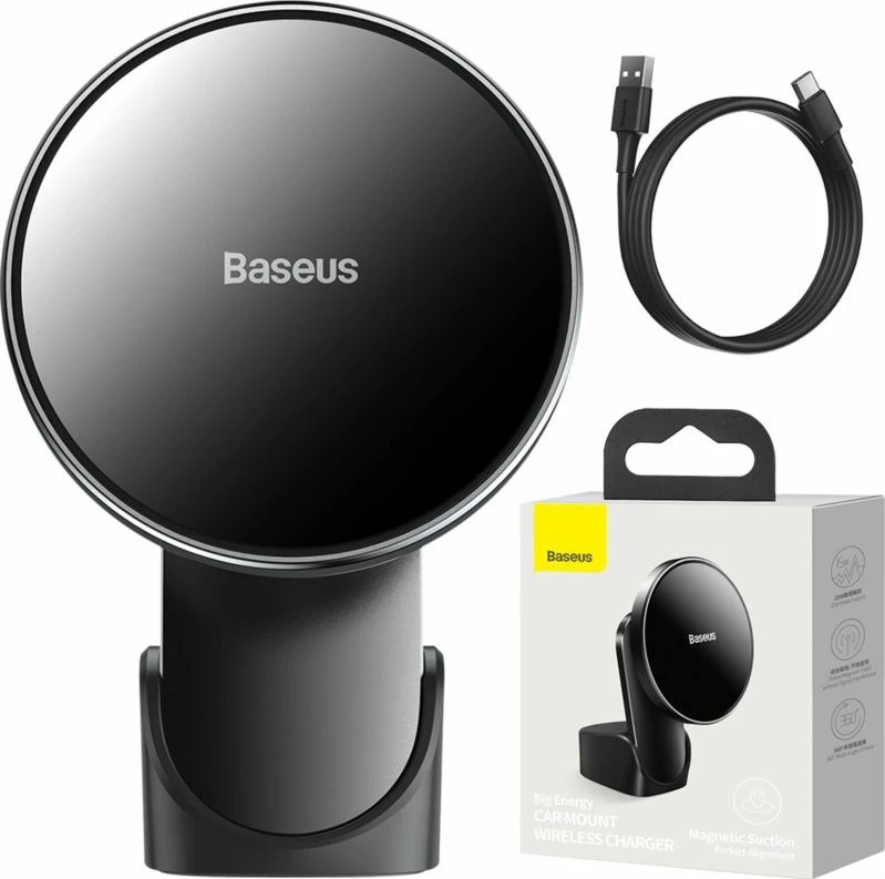 Mbajtëse celulari për veturë Baseus Big Energy, karikues wireless 15W MagSafe për iPhone 12, e zezë, me kabllo Type-C
