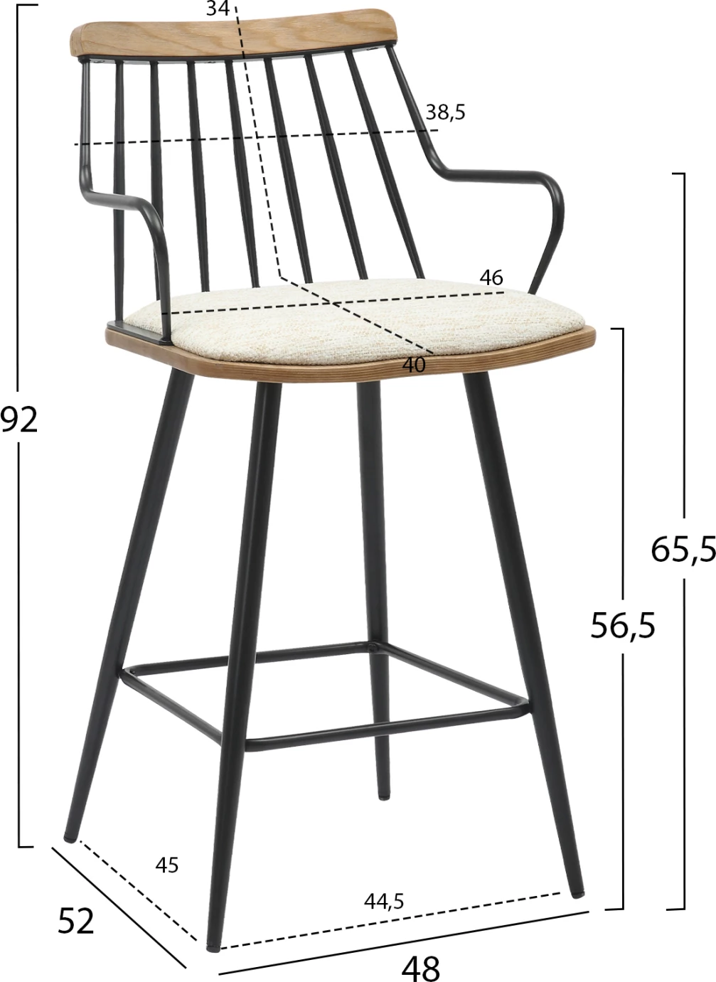 Karrige për bar, lartësi mesatare, JUDI, FH9985.02, metal i zi, pëlhurë ecru, 48x52x92H cm
