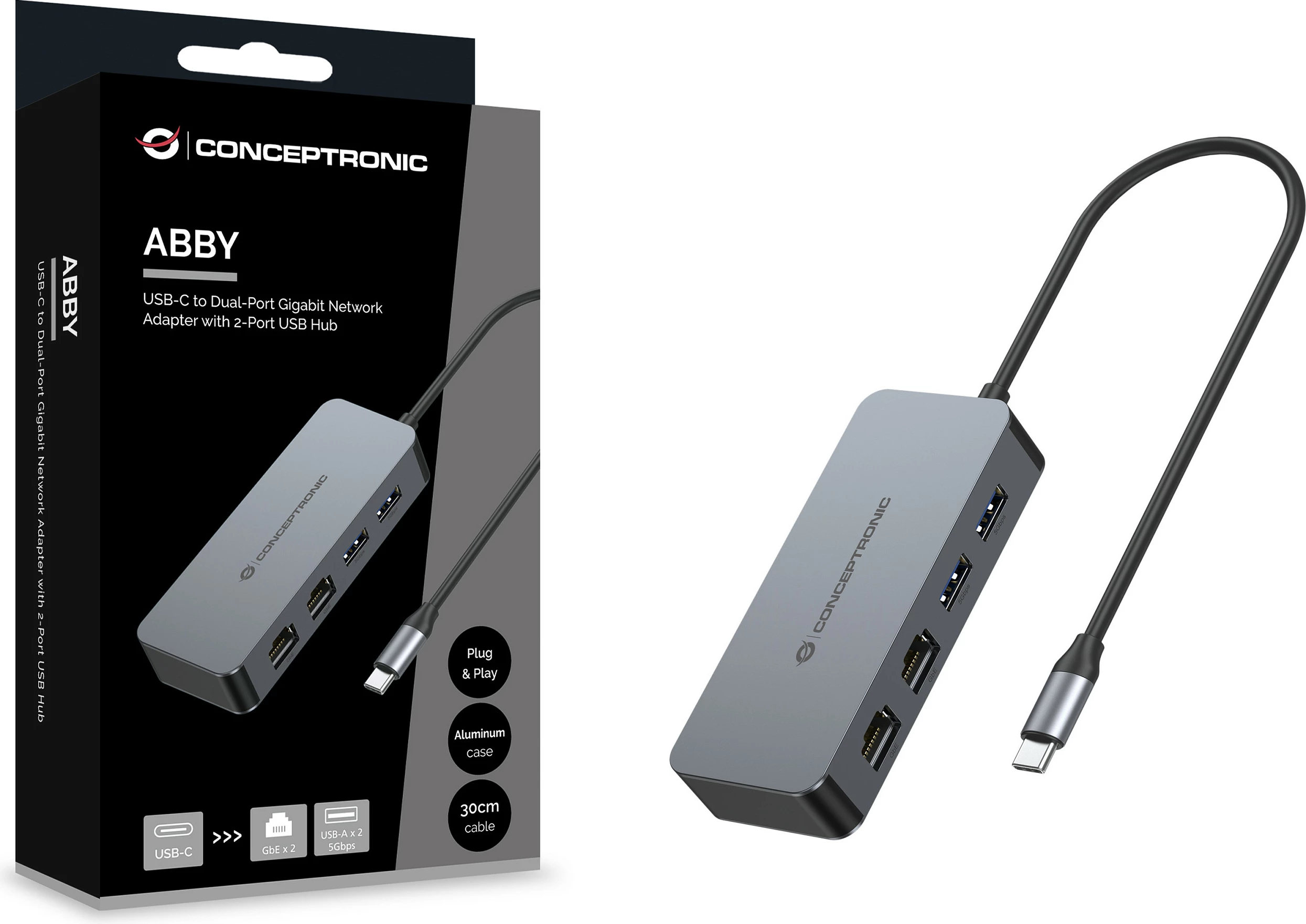 Adapter USB-C Conceptronic, 2xGbE + 2xUSB-A 3.2, 0.30m, gri