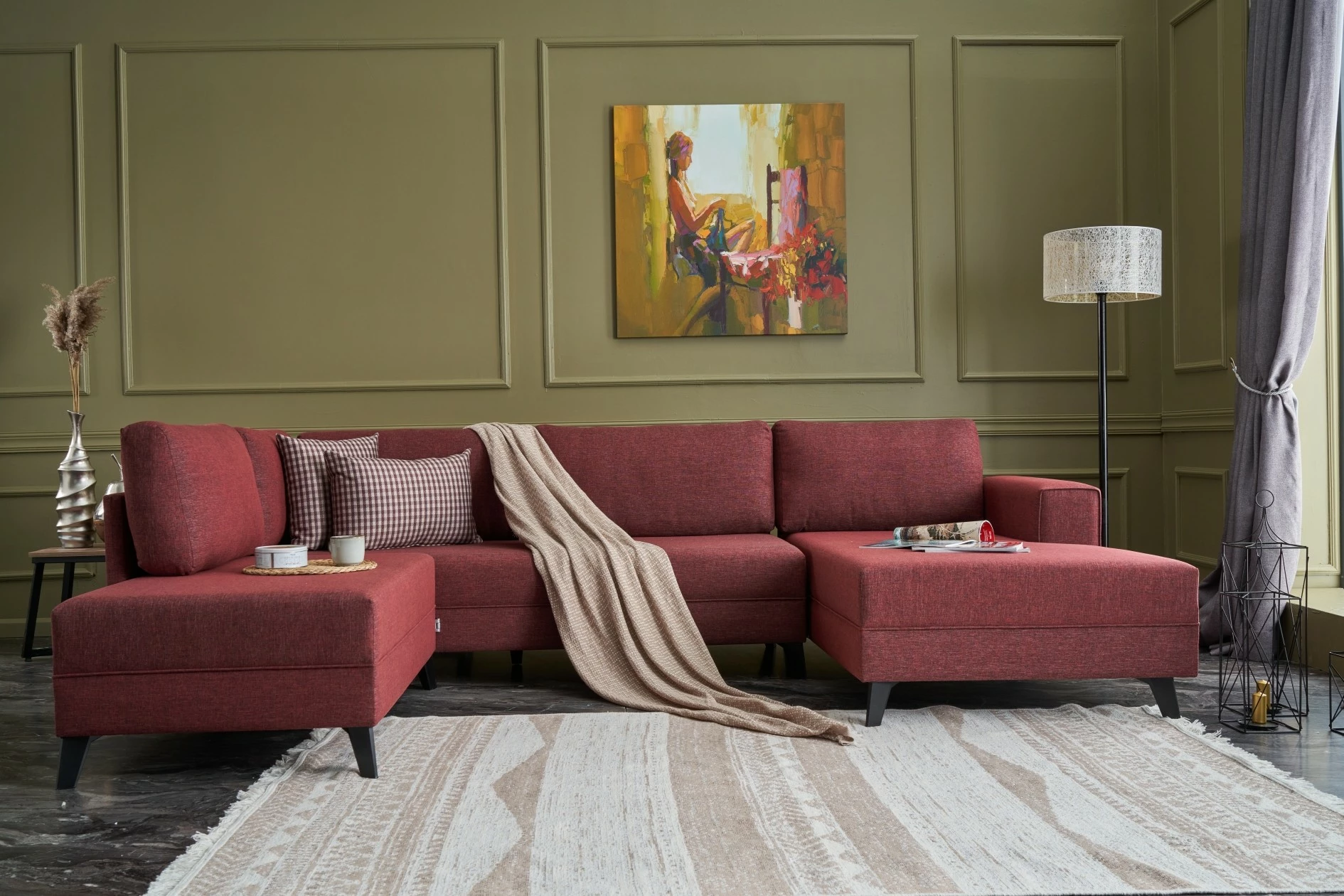 Kënd-sofë krevati Atelier del Sofa, Efsun, ngjyrë e kuqe e errët