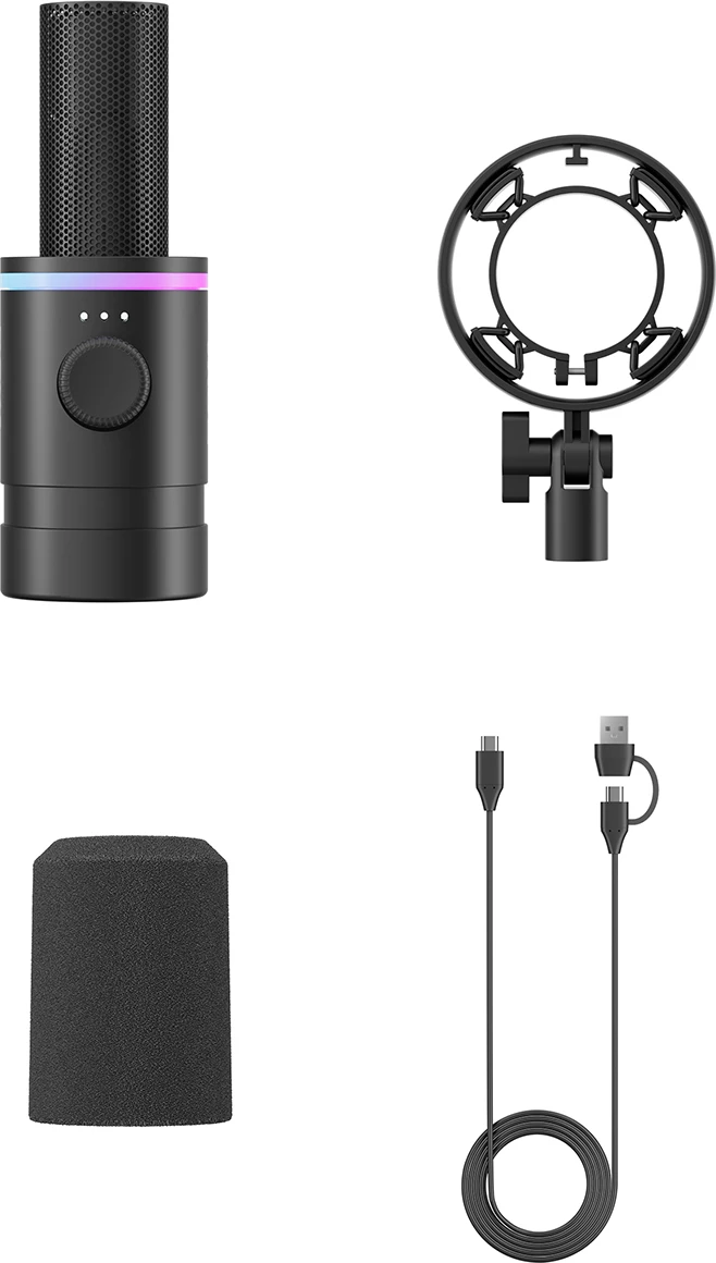 Mikrofon dinamik BOYA CastMic S60 USB/XLR 48kHz/24-bit RGB, i zi, set me shock mount, pop filter dhe kabllo USB-C