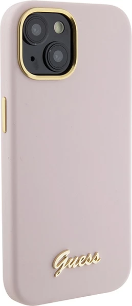 Mbështjellës Guess Silicone Script Metal Logo & Frame për iPhone 15, Rozë