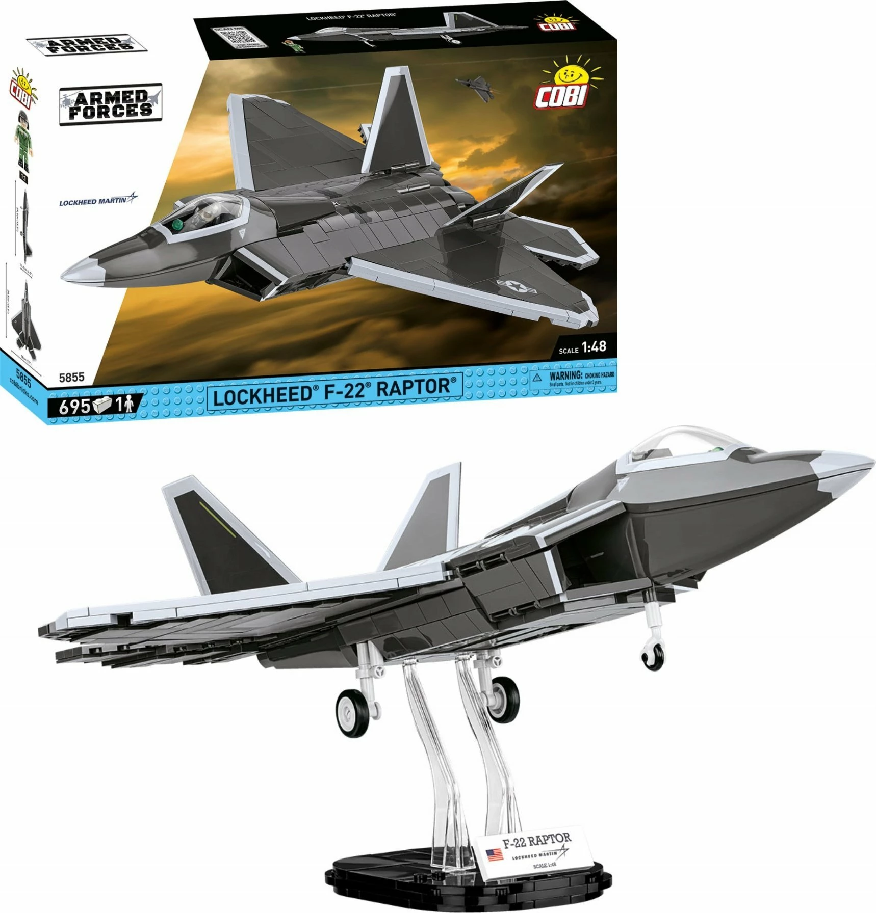 Set blloqesh ndërtimi Cobi Lockheed F-22 Raptor GXP-914620, 695 copë, shkallë 1:48, 1 figurë pilot, me stendë ekspozimi, e hirtë