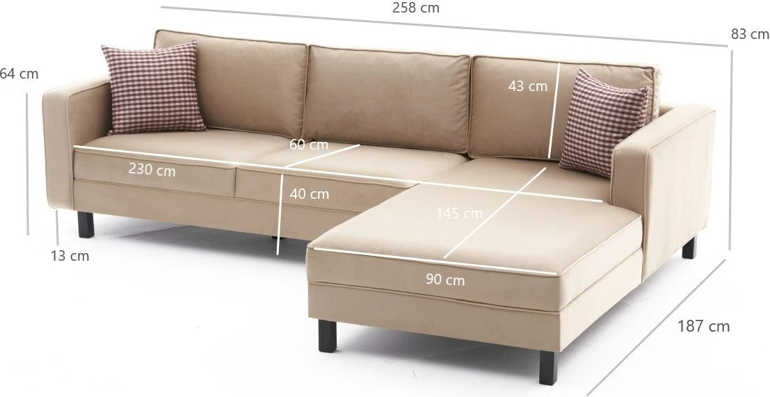 Këndare Atelier del Sofa, kadife, kënd i djathtë, ngjyrë krem