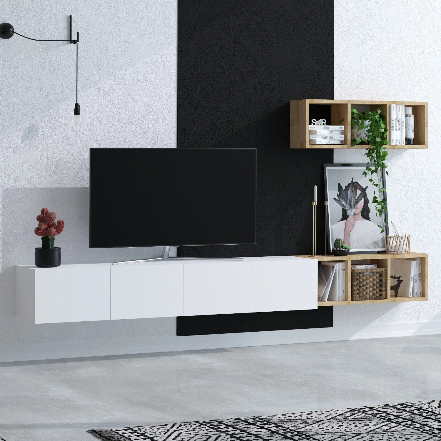 Konsolë TV Hanah Home, Pıa, e bardhë dhe lis, me rafte