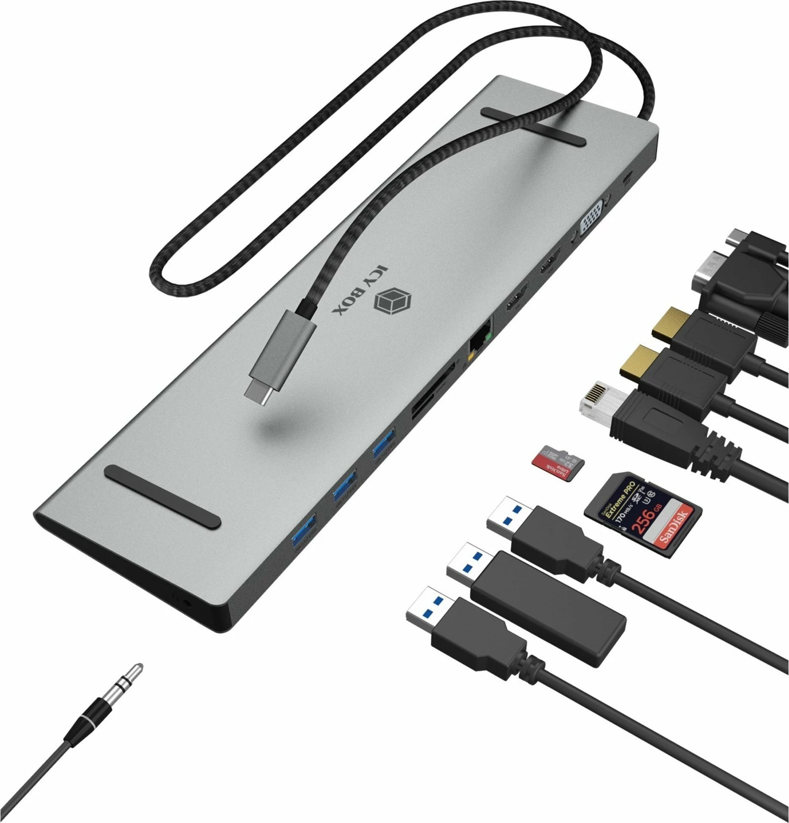USB-C docking stacion Icy Box IB-DK2106a-CPD, 2x HDMI, VGA, 3x USB 3.0, LAN Gigabit, SD/microSD, Power Delivery 100W, gri