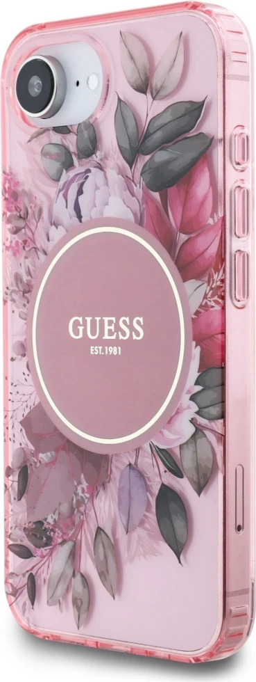 Mbështjellës Guess IML Flowers MagSafe për iPhone 16e, Rozë