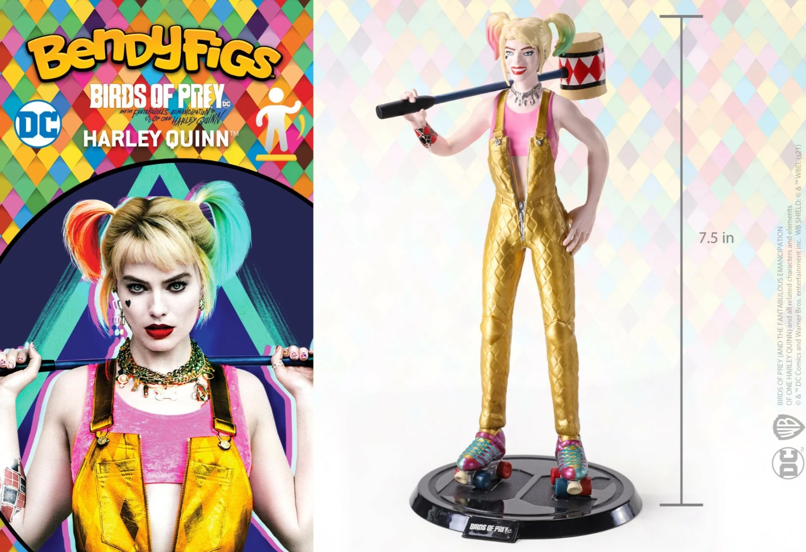 Figurinë koleksionuese fleksibile Noble Collection Bendyfigs DC Birds of Prey Harley Quinn 18 cm, me çekiç dhe bazë
