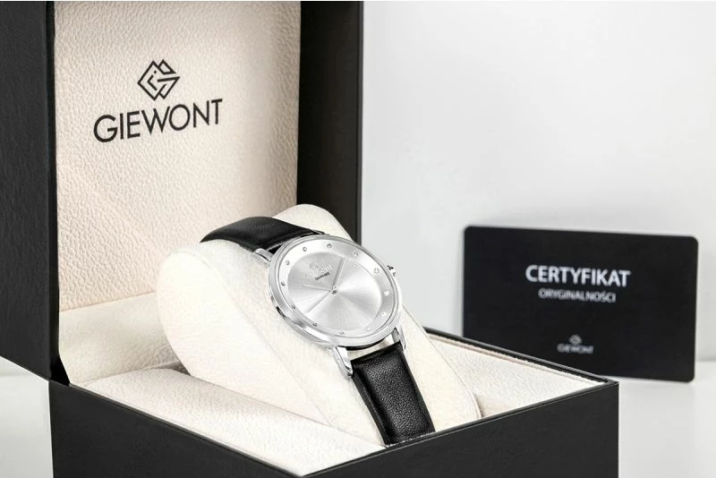 Orë dore femrash Giewont GW4130-A1, argjend, rrip lëkure e zezë
