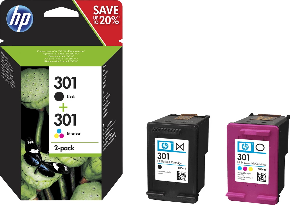 Kartush boje, HP, 301 N9J72AE, 2-pack, multipack, e zezë + tri-color