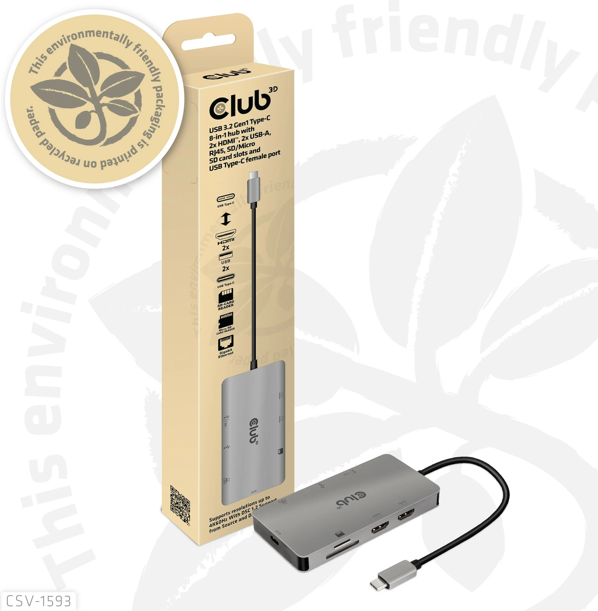 HUB USB-C Club3D 8in1, 2xHDMI, 2xUSB, USB-C, LAN, 4K60Hz, PD100W, metallic