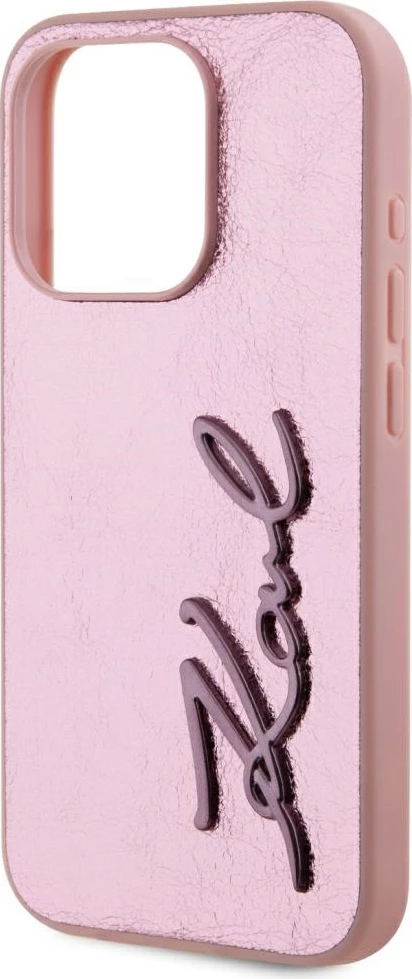 Mbështjellës Karl Lagerfeld Wrinkled Metal Signature për iPhone 15 Pro, Rozë