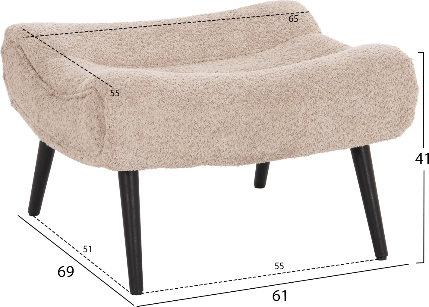 Stool ose këmbësore BRYM, stof boucle bezhë/kafe, këmbë druri të zeza, 69x61x41cm