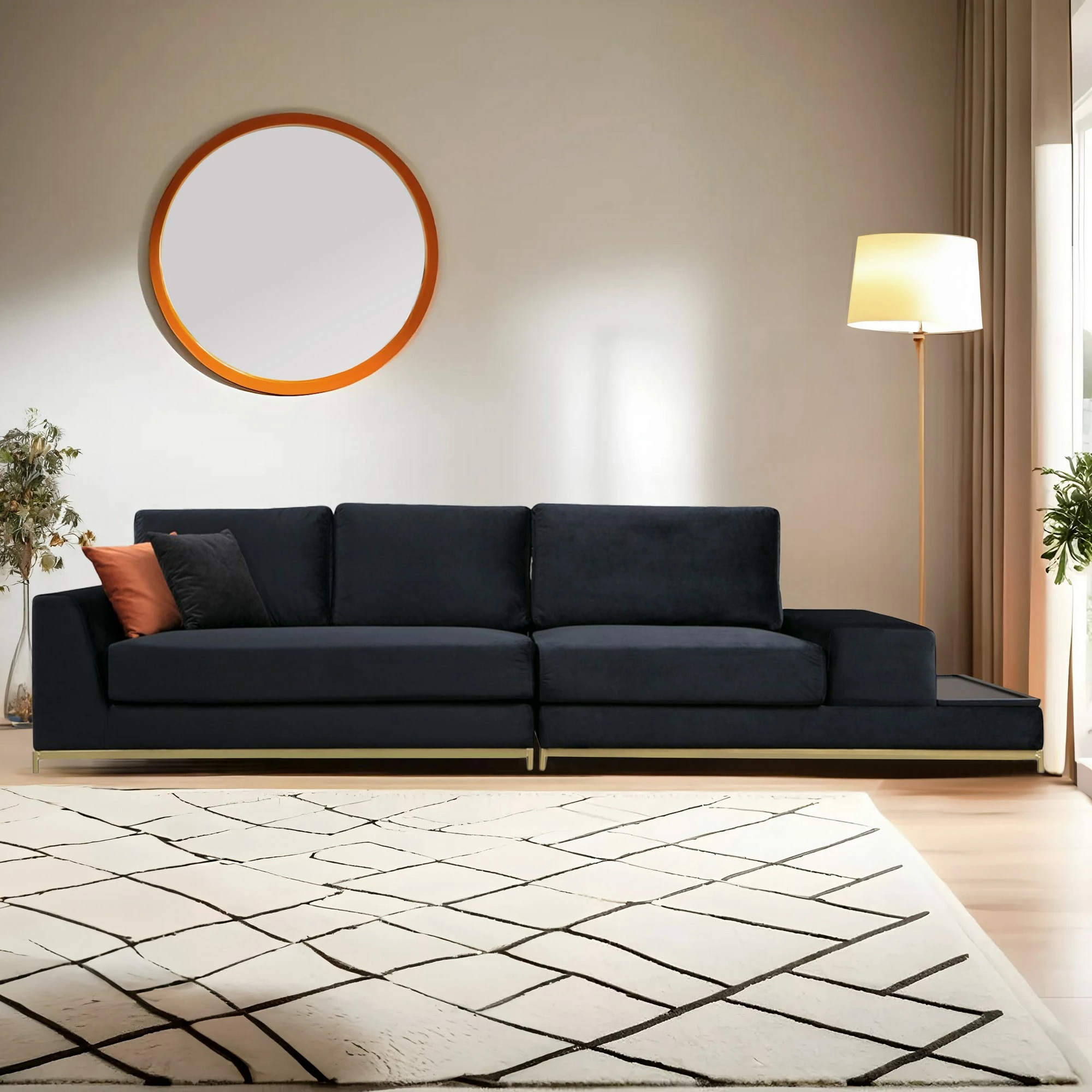 Divan katër vendesh Atelier del Sofa, me tavolinë anësore, ngjyrë e zezë, detaje ari
