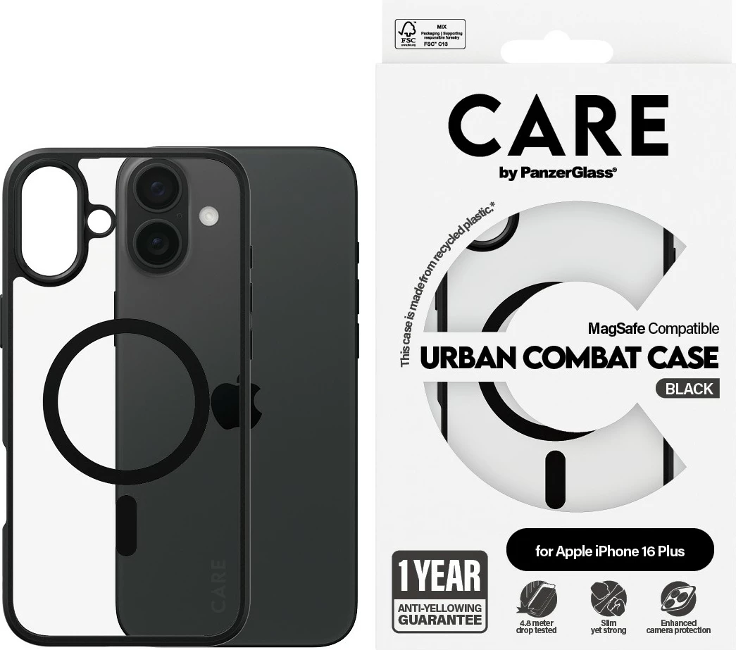 Mbështjellës PanzerGlass CARE Case Flagship Urban Combat MagSAFE për iPhone 16 Plus, transparent