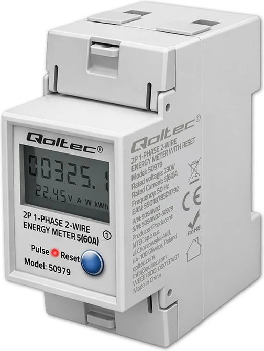 Matës konsumit energjie njëfazore Qoltec 50979, DIN TH35, 230V 60A, LCD/LED, RESET, 2P, gri