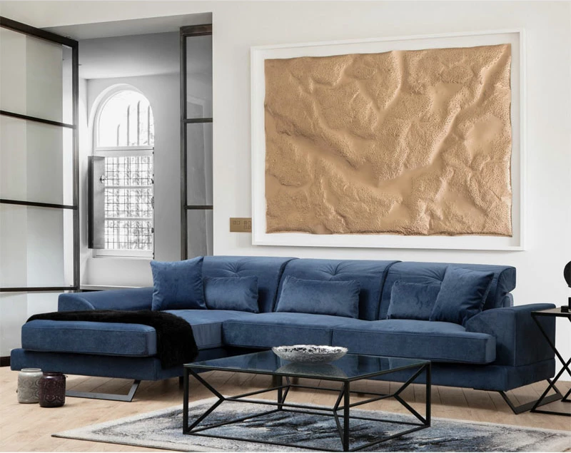 Kënd divani PWF-0575 këndi i djathtë pëlhurë blu 308/190x92cm