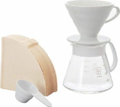 Dripper kafeje Hario 4977642020290, 02, i bardhë, set me karafë qelqi, filtra dhe lugë