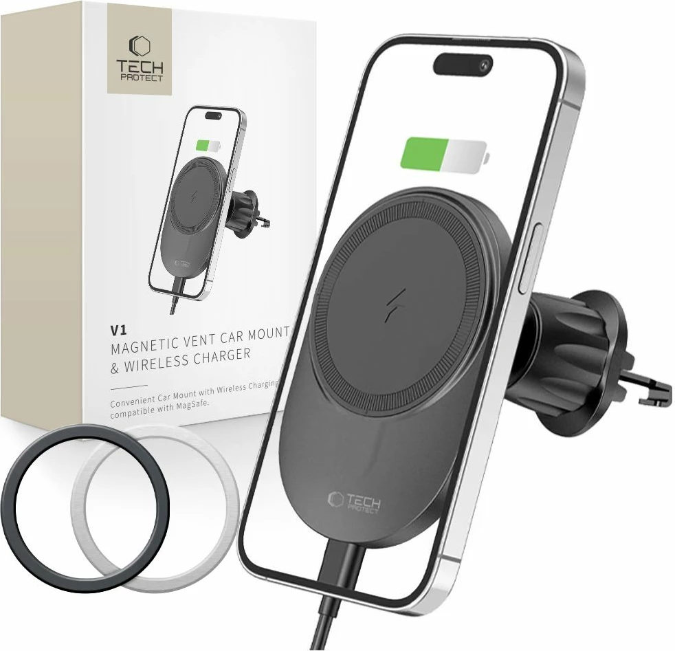Mbështjellës magnetik për veturë Tech-Protect MM15W-V1 me karikues wireless 15W, i zi