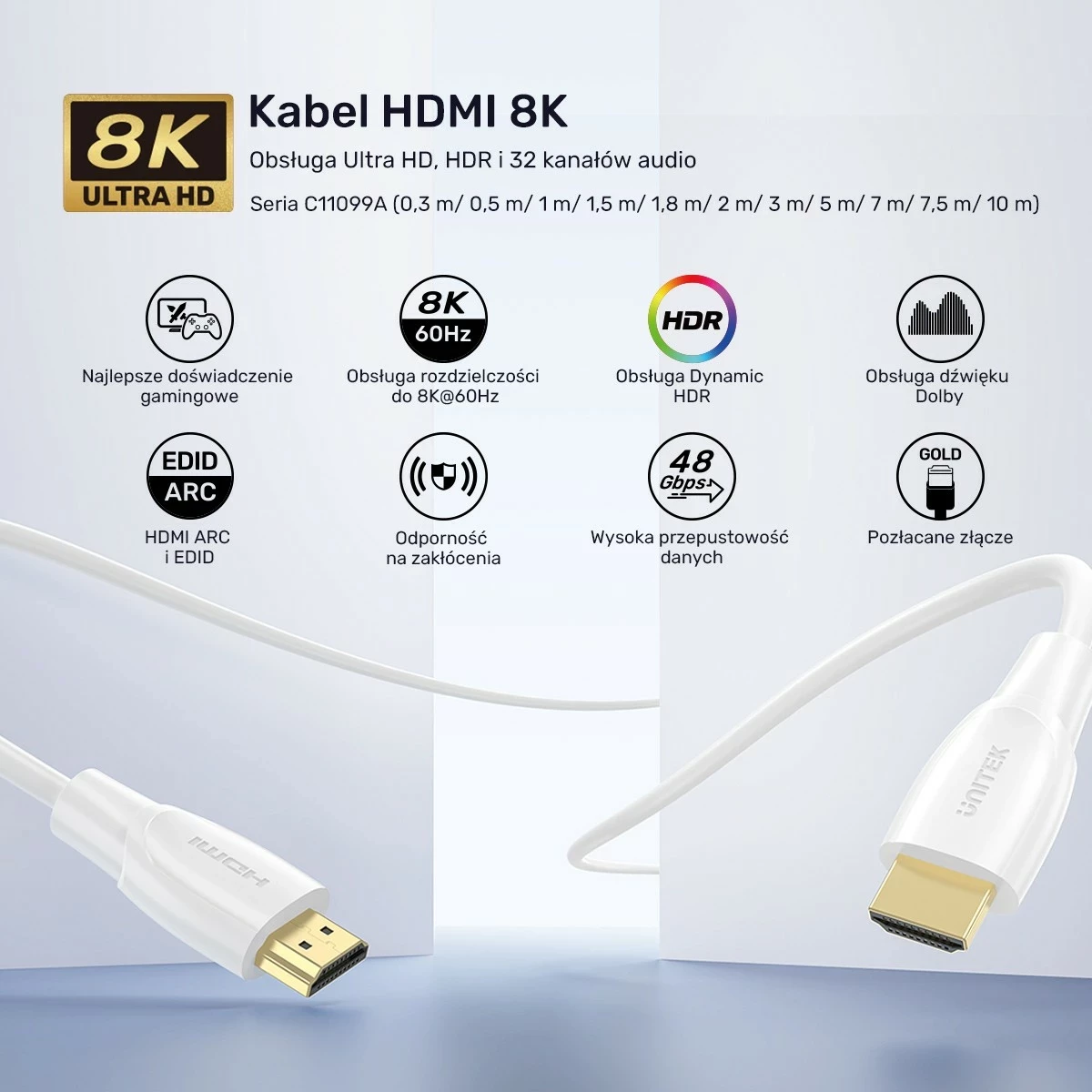 Kabllo HDMI Unitek HDMI 2.1, 0.3 m, 8K HDR, e bardhë