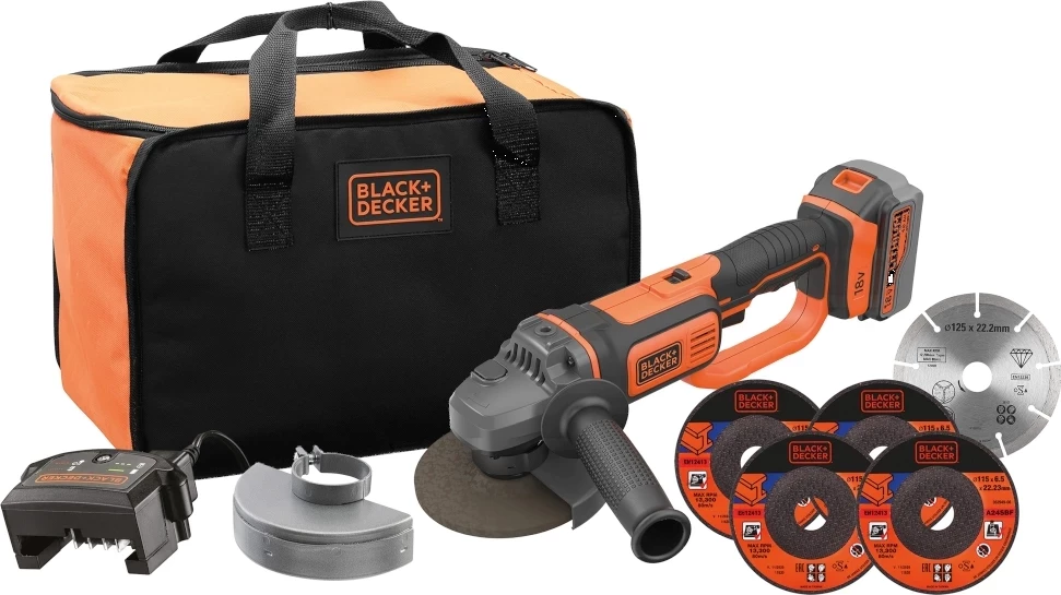 Flekser akumulator Black&Decker BCG720M1A5, 18V 4Ah Li-Ion, 115/125mm, portokalli/zi, set me bateri+karikues+çantë+5 disqe