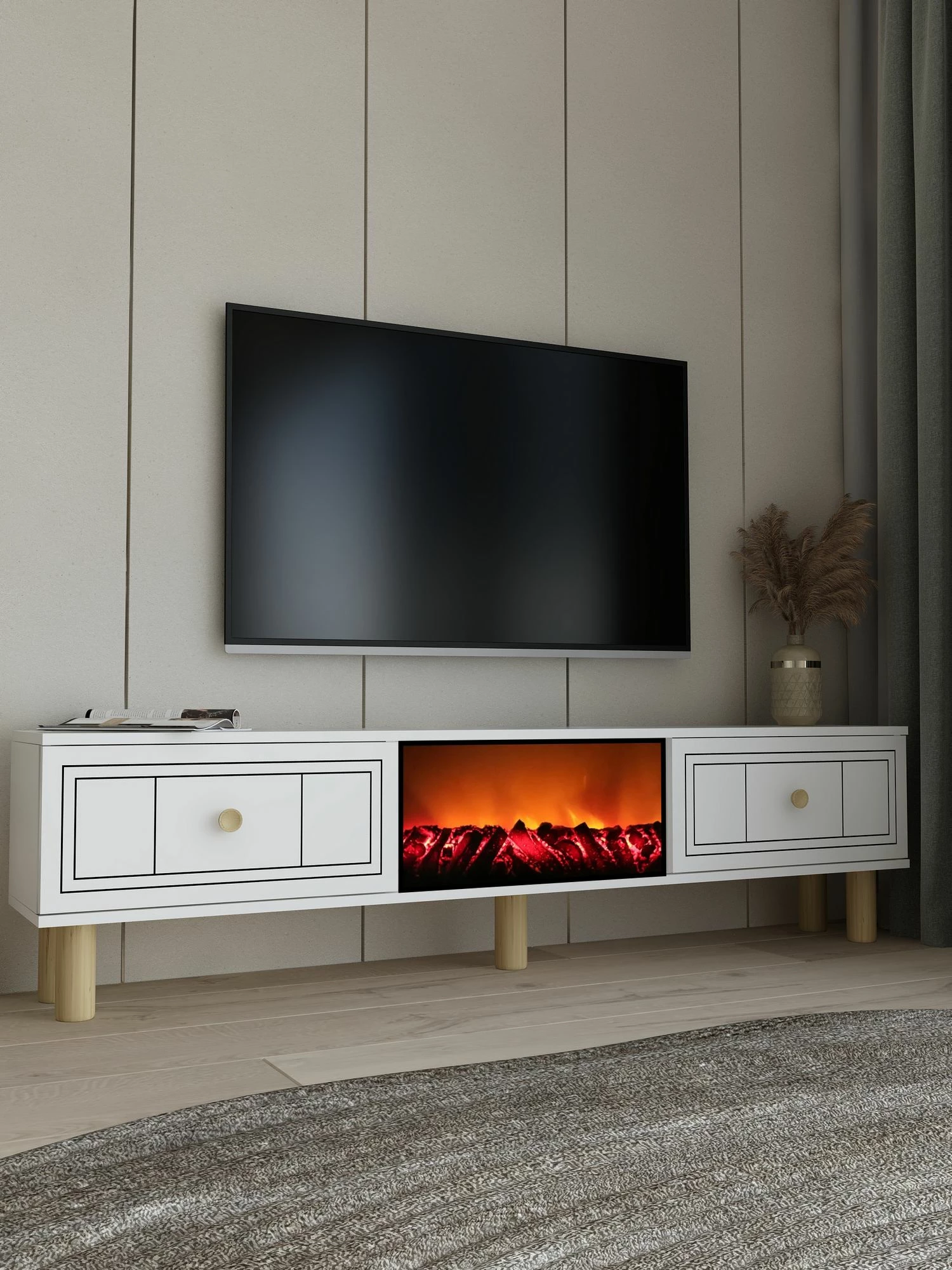 Komodë TV Skye Decor, Dario Bohem me oxhak dekorativ, e bardhë