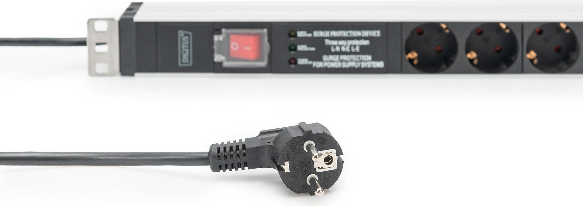 Prizë rack Digitus PDU 1U, 5 dalje, 16A, 230V, mbrojtje nga mbingarkesa, alumini