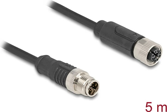 Kabllo Ethernet industriale DeLOCK M12 X-coded 8-pin mashkull-në-femër, Cat5e S/FTP, 5 m, e zezë