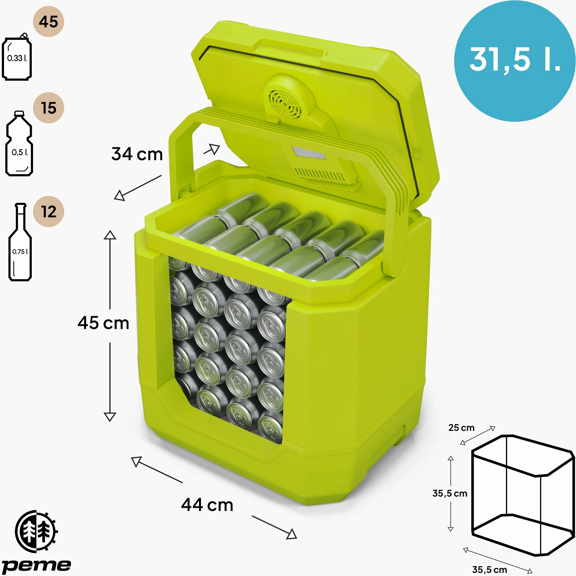 Frigorifer portativ Peme Trip 31.5 L, me ftohje/ngrohje, Bluetooth altoparlant, USB, AC/DC, i gjelbër