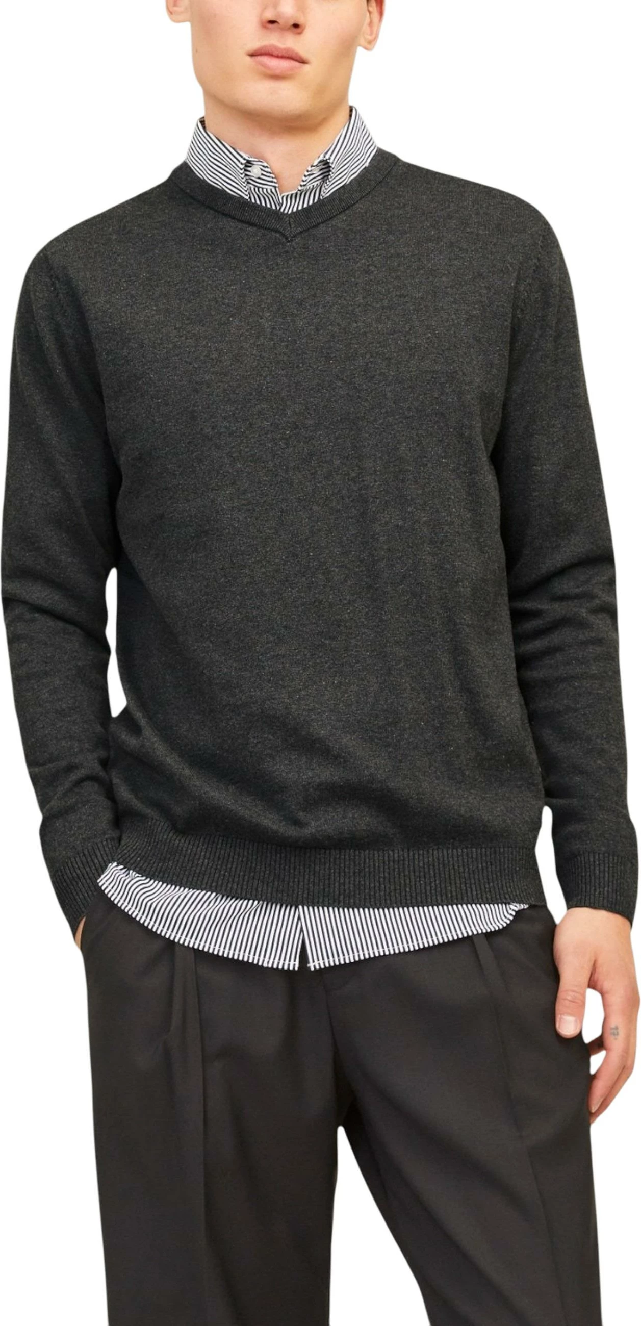 Xhemper për meshkuj Jack & Jones JJEBASIC KNIT V-NECK NOOS, gri e errët [Madhësia: XS]