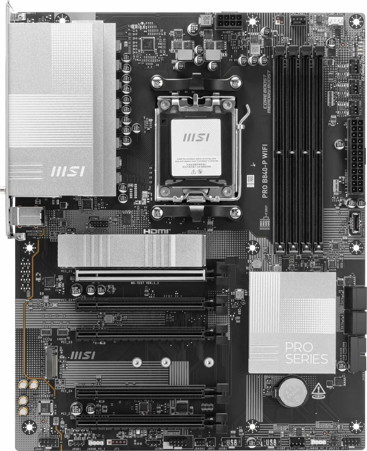 Pllakë amë MSI PRO B840-P WIFI, ATX, DDR5, Wi‑Fi 7 + Bluetooth, 2.5G LAN, argjendtë/zezë