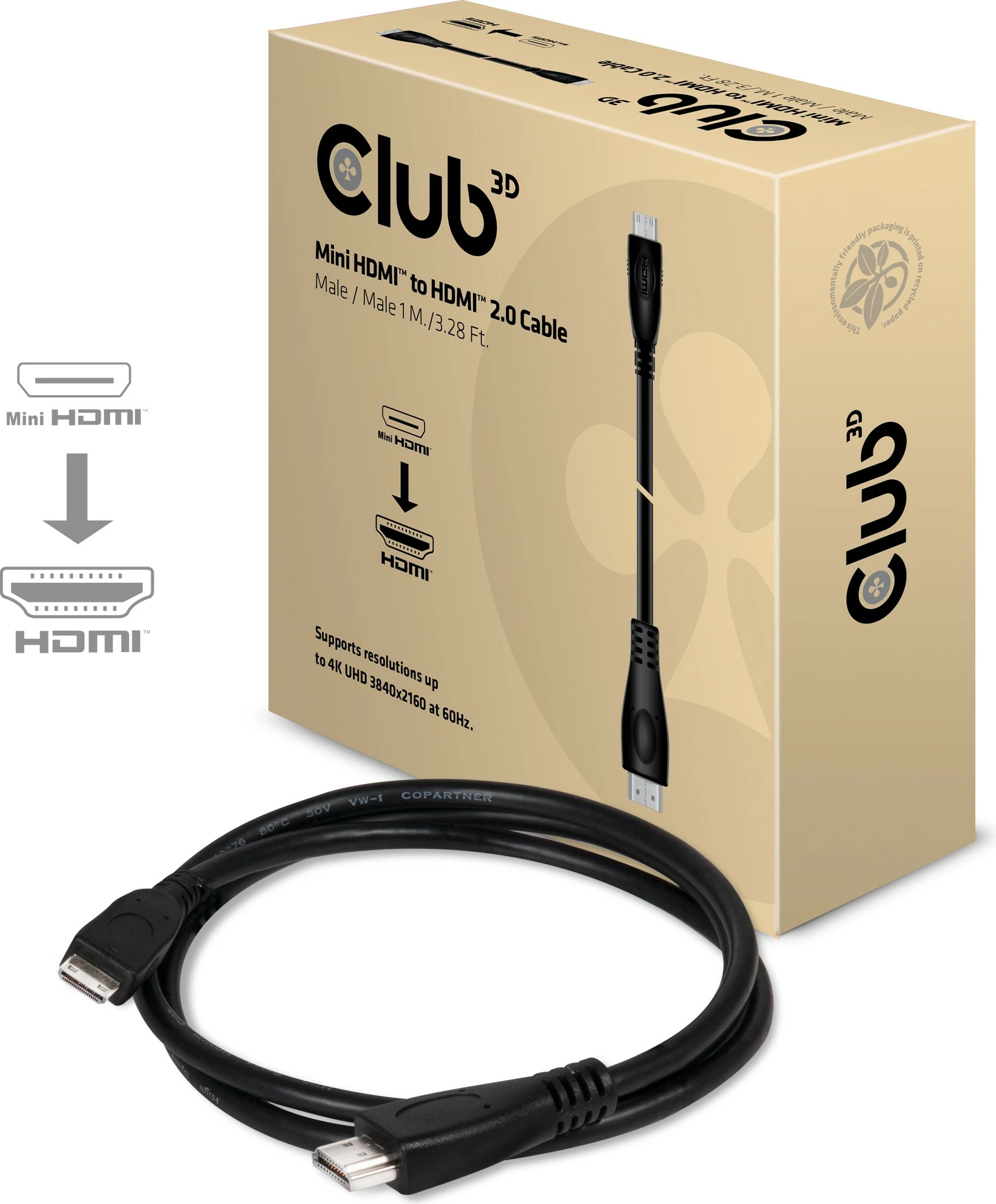 Kabllo HDMI Club3D Mini-HDMI në HDMI 2.0, 1m, e zezë