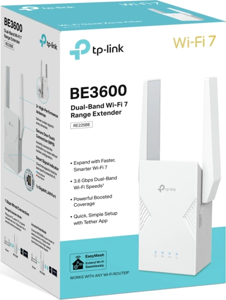 Përsëritës Wi‑Fi 7 TP-LINK RE225BE BE3600, dual-band 3.6 Gb/s, 1x Gigabit Ethernet, EasyMesh, i bardhë