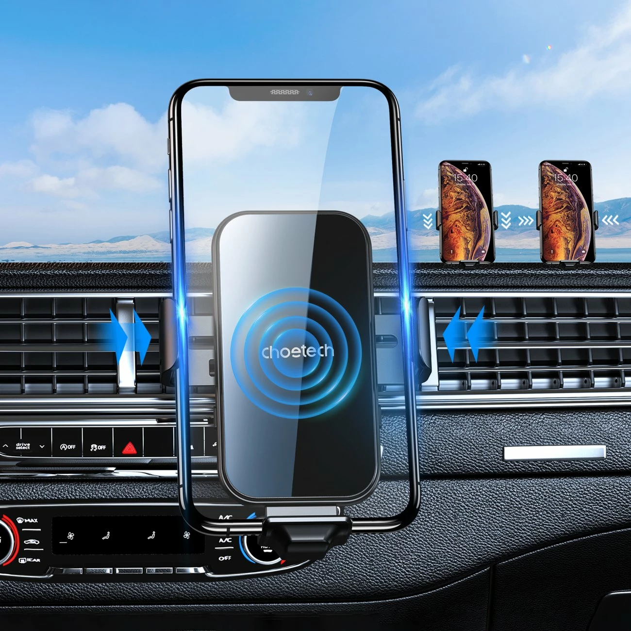 Mbajtës me karikues wireless Choetech T201-F për veturë, me koka magnetike, Zi