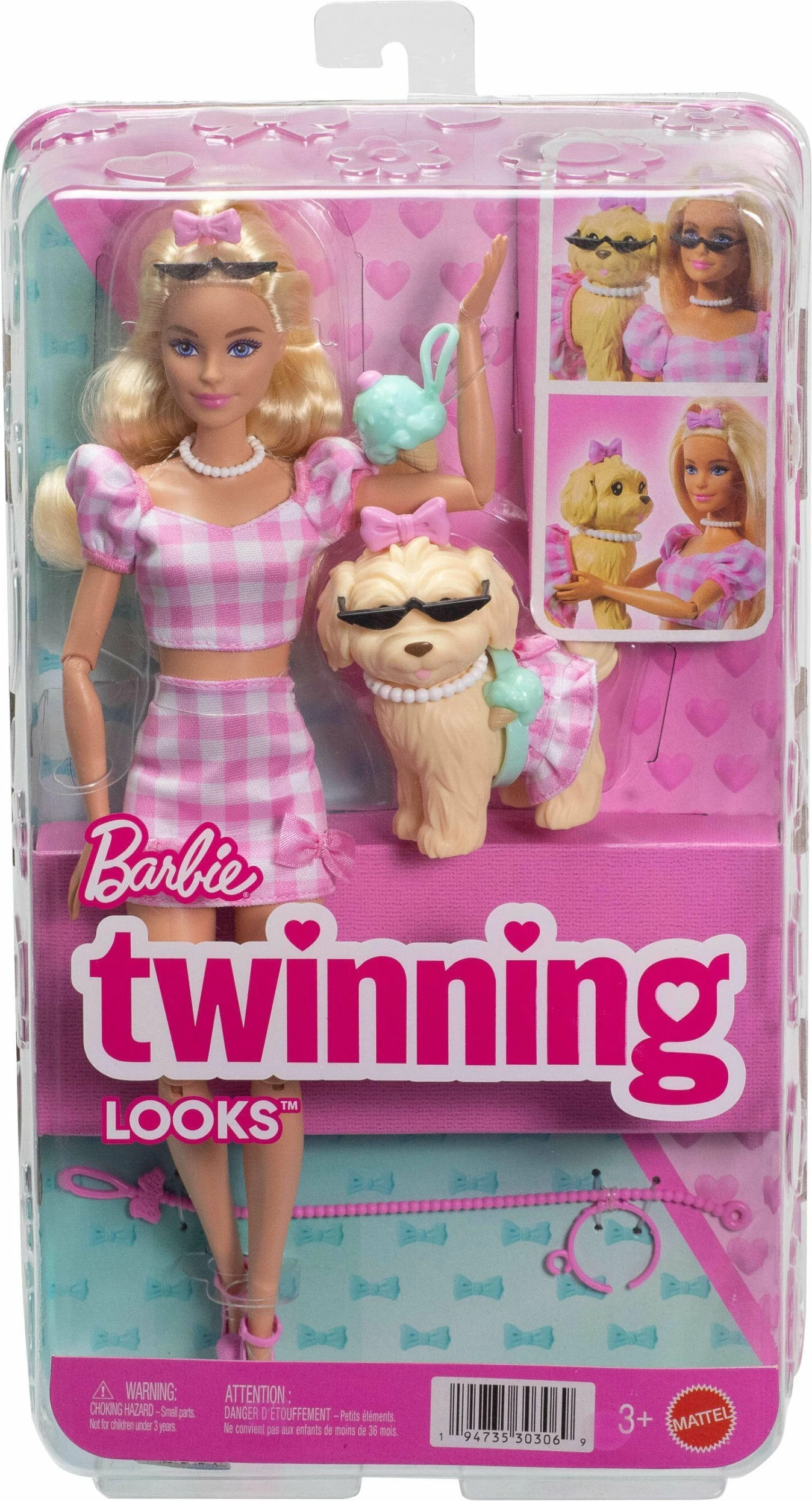 Kukull Barbie Mattel Twinning Looks JFP36, set me qen, veshje matching me karro, rozë