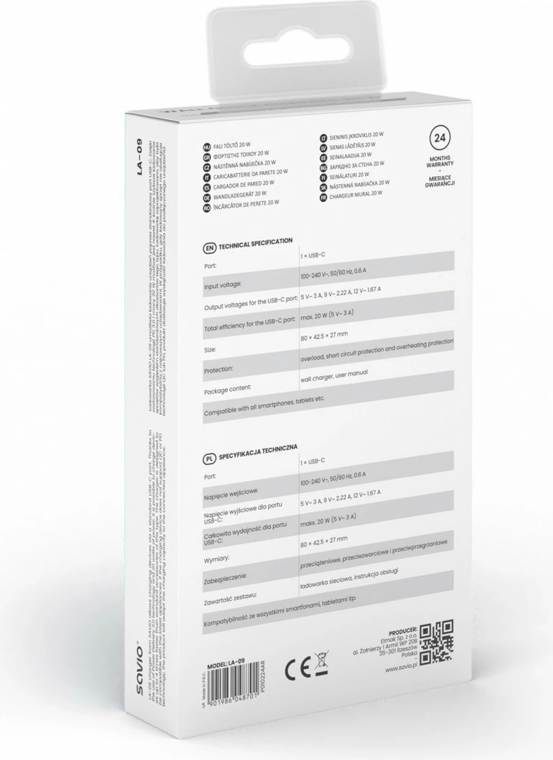 Karikues muri Savio LA-09, 20W, USB-C, i bardhë