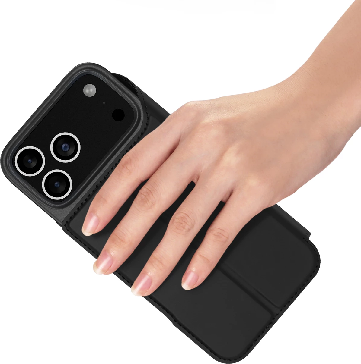 Mbështjellës Dux Ducis Skin Pro për iPhone 17 Pro Max, me flip dhe xhep për kartela, i zi