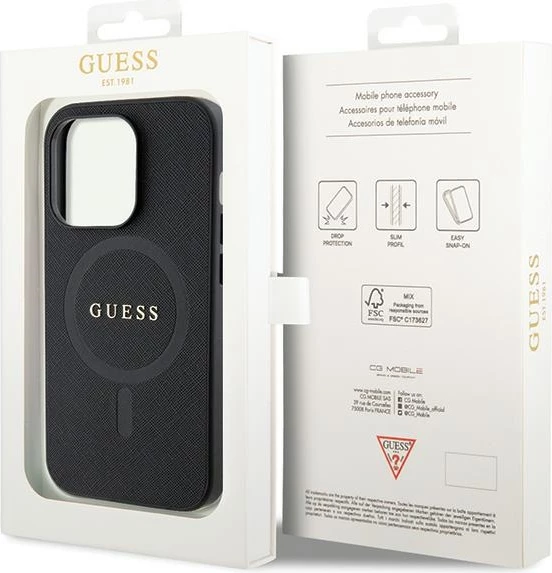 Mbështjellës Guess GUHMP14LPSAHMCK për iPhone 14 Pro, Saffiano MagSafe, i zi