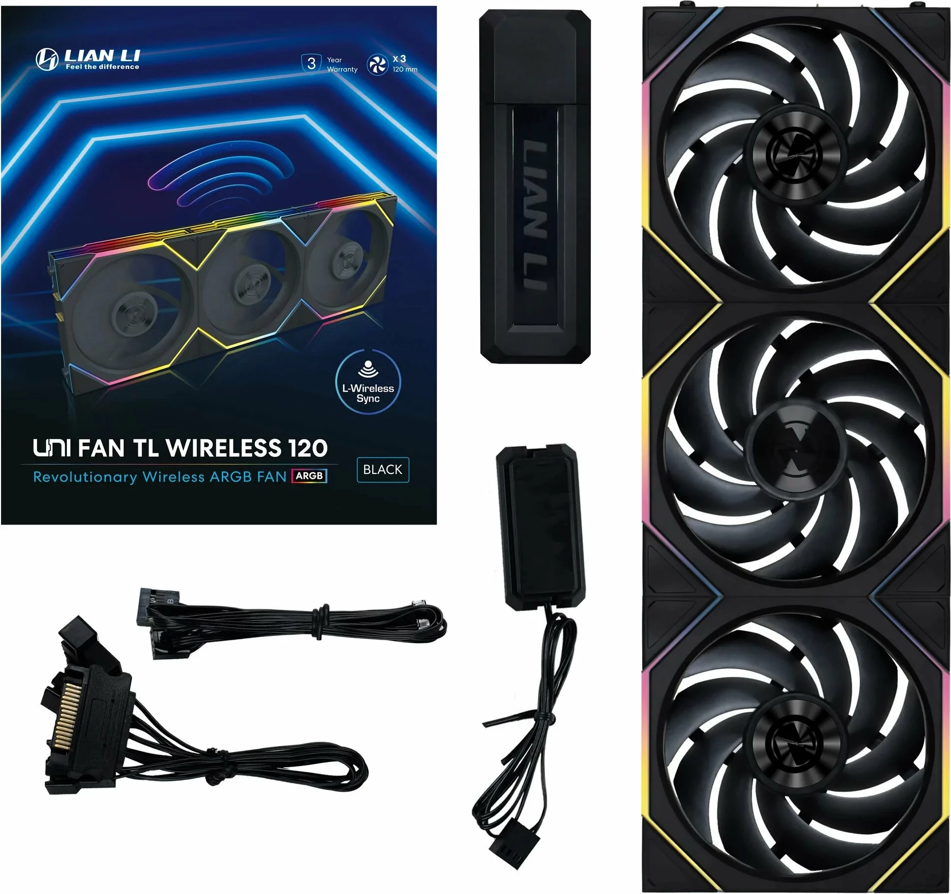 Ventilator kasë PC Lian Li UNI FAN TL Wireless 120mm ARGB PWM, i zi, set 3 copë