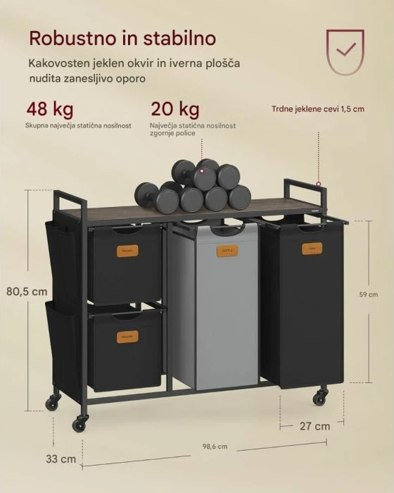 Shportë rrobash VASAGLE BLH203B01 150L me 4 ndarje (2x25L + 2x50L), karrocë me rrota dhe rafte, 98.6×33×80.5 cm, kafe gështenjë/zi/gri