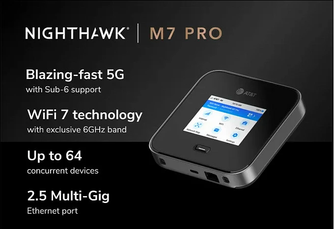 Router mobil 5G NETGEAR Nighthawk M7 Pro, WiFi 7 tri-band, ekran 2.8", Gigabit Ethernet, USB-C, bateri 5185mAh, i zi