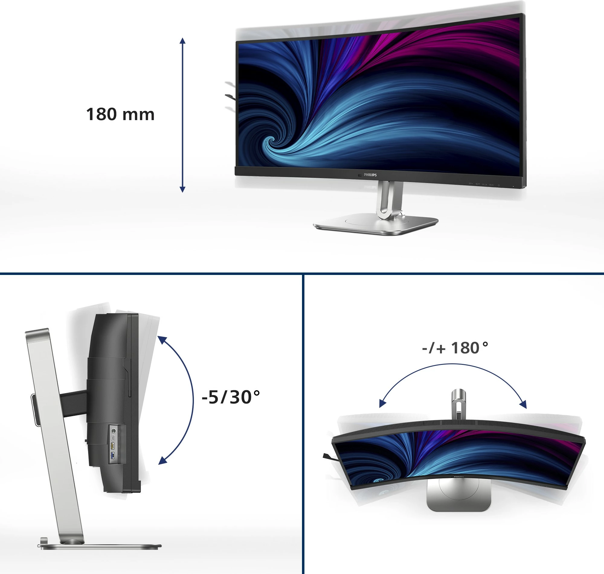 Monitor Philips 34B2U5600C/00, 34 inç, Dual QHD, LCD, USB-C, Gri
