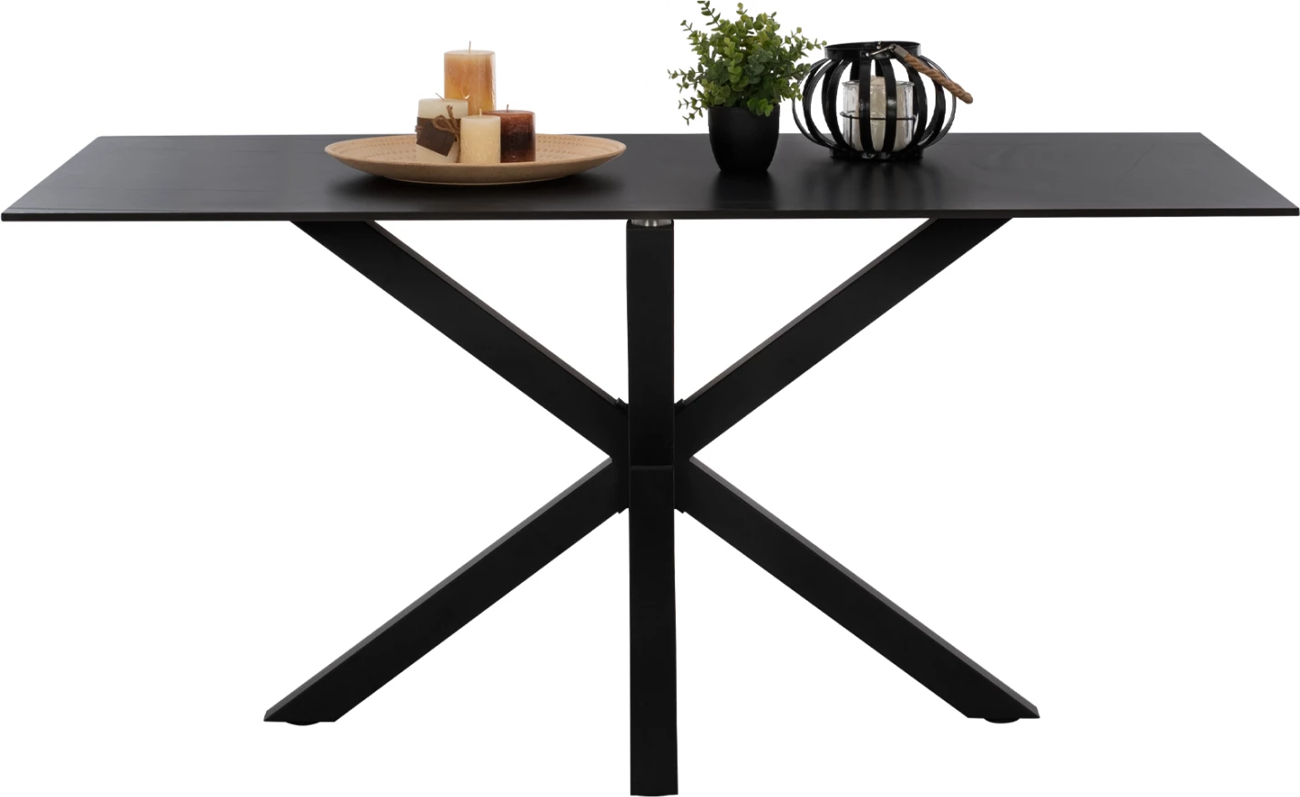 Tavolinë për ngrënie, gur i sinteruar, këmbë metali të zeza, 160x90x75 cm