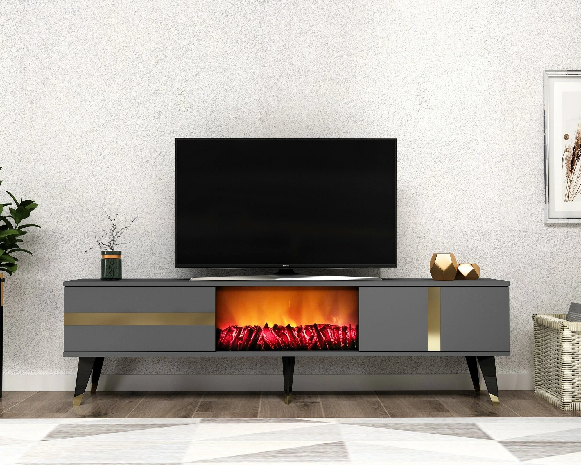 Komodë TV Hanah Home, me oxhak elektrik, anthracite, ari