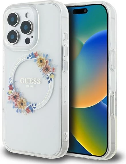 Mbështjellës Guess Flowers Wreath MagSafe për iPhone 16 Pro, Transparent