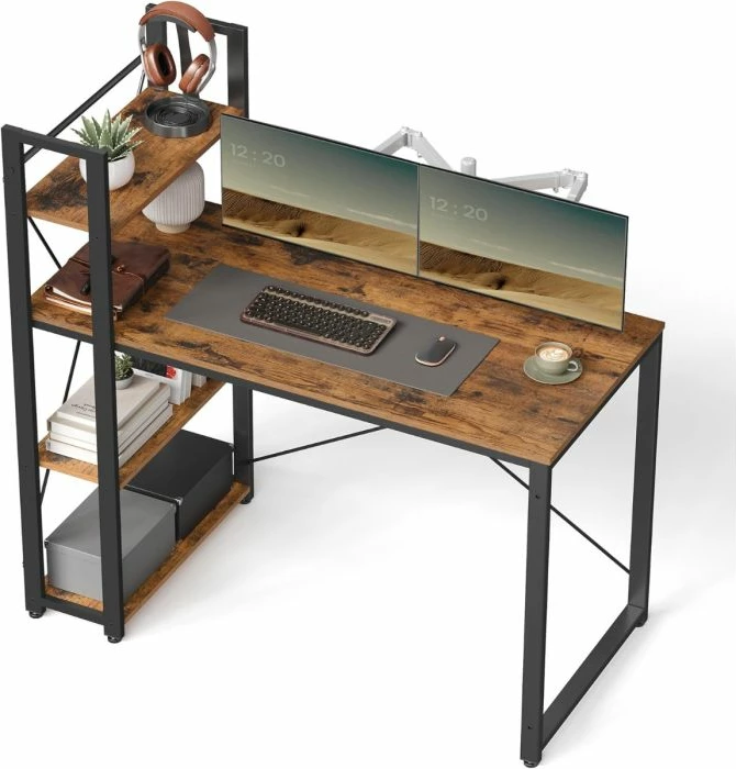 Tavolinë zyre VASAGLE LWD48XV1 120×60×75 cm, stil industrial, me rafte anësore, kafe rustike/zezë