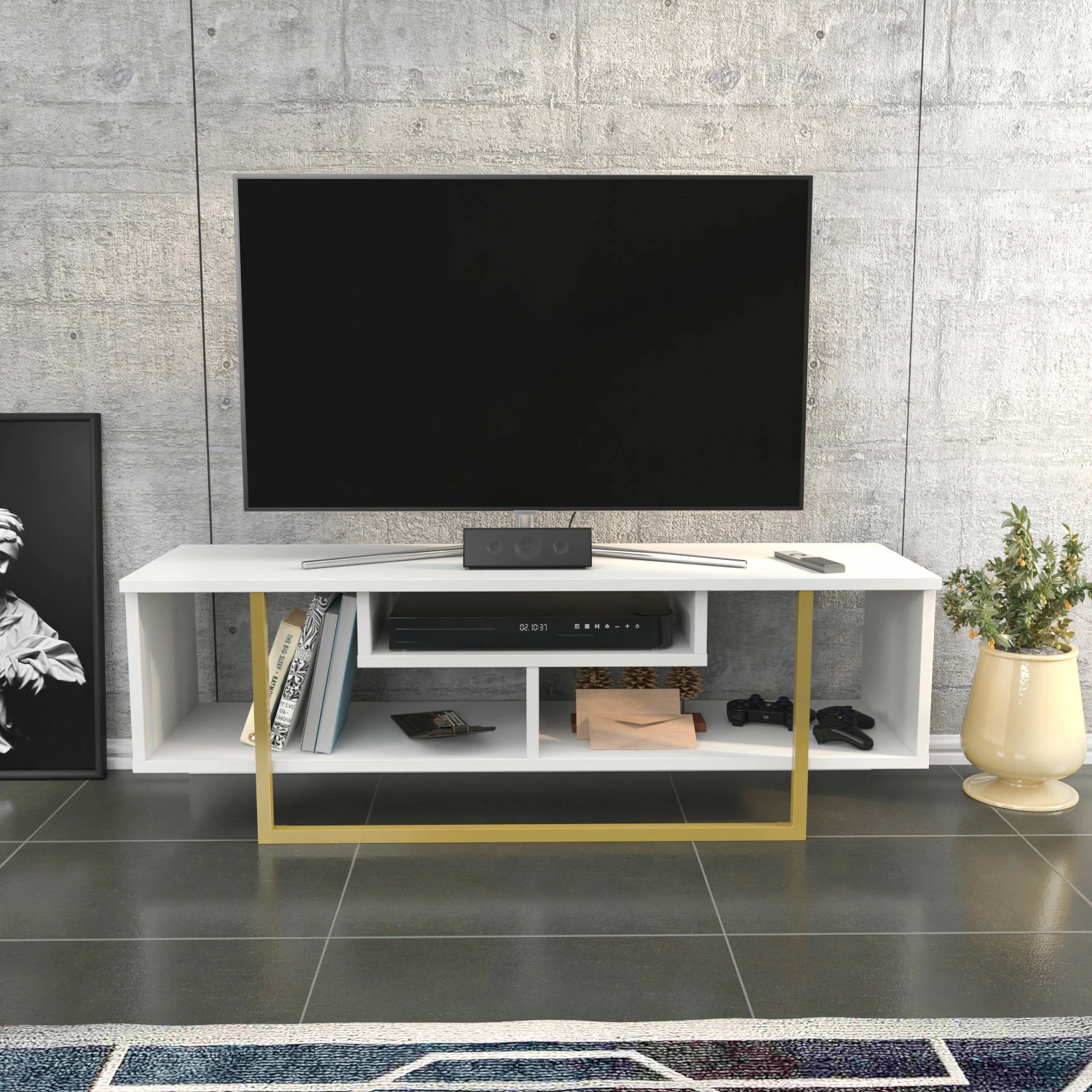Komodë TV Hanah Home, Asal 120, ngjyrë ari dhe e bardhë