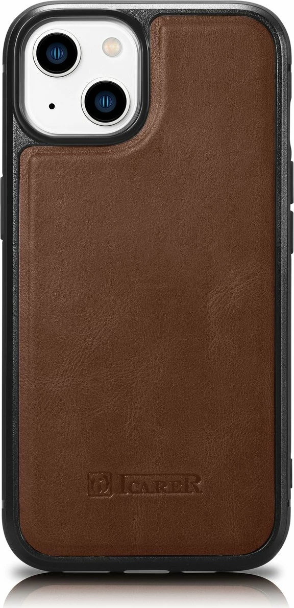 Mbështjellës lëkure iCarer për iPhone 14 Plus, MagSafe, Kafe